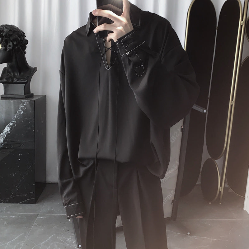 Trendy Ontwerp Casual Hoogwaardig Gedrapeerd Dunne Shirt met Lange Mouwen en Trekkoord voor Heren & Jongens