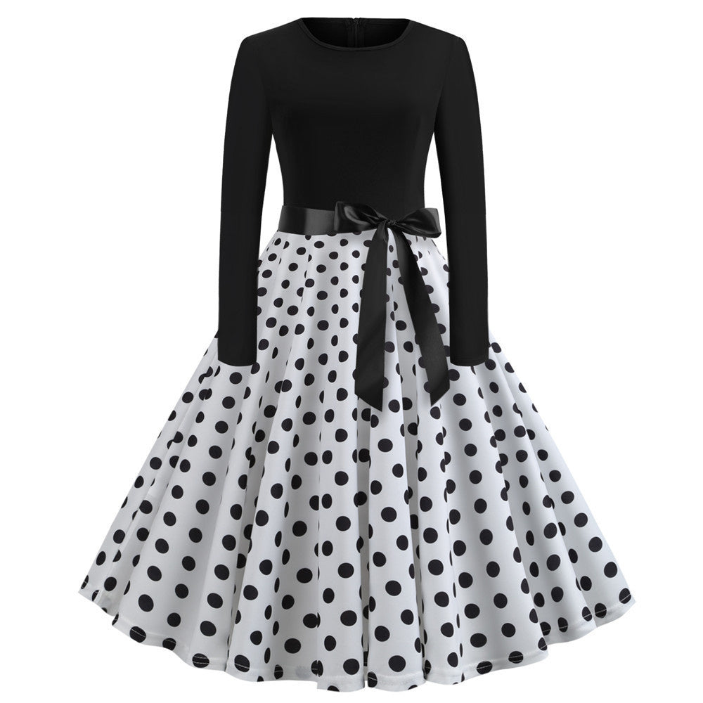 Hepburn Style Vintage Bloemenprint Hoge Taille Swingjurk met Ronde Hals en Lange Mouwen voor Dames & Plus-size