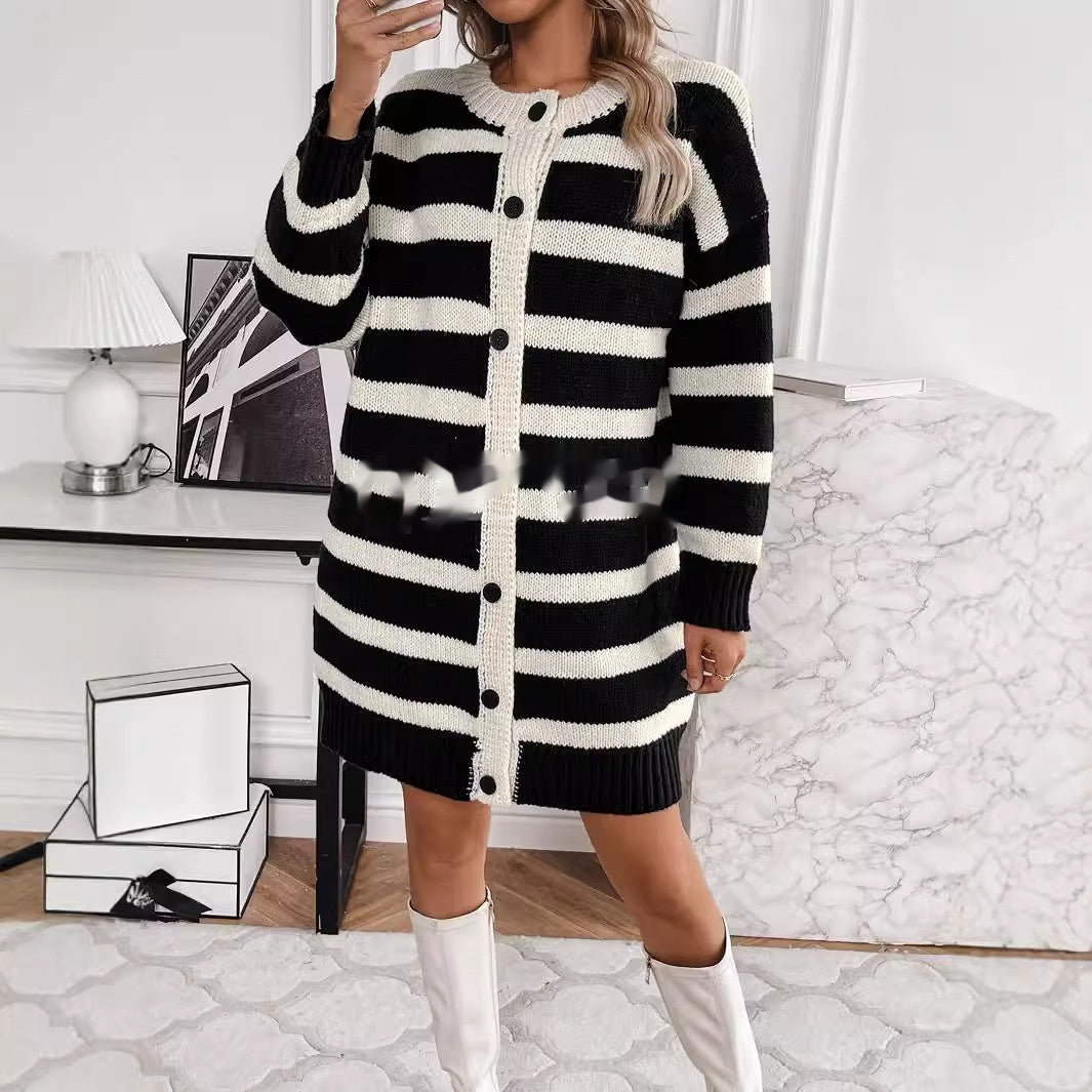 Casual Losse Gestreepte Trui-cardigan met Knopen in Europese en Amerikaanse Stijl voor Dames & Meiden