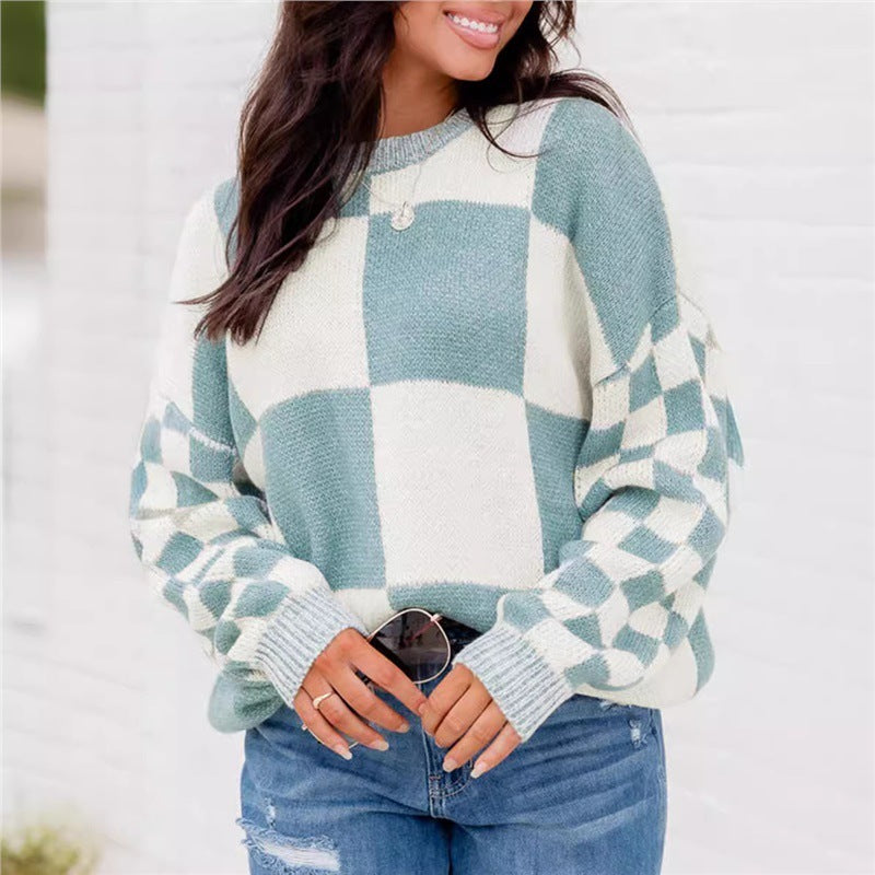 Trendy Gebreide Trui met Geruite Bloksteek in Europese en Amerikaanse Stijl voor Dames/ Plus-size & Meiden