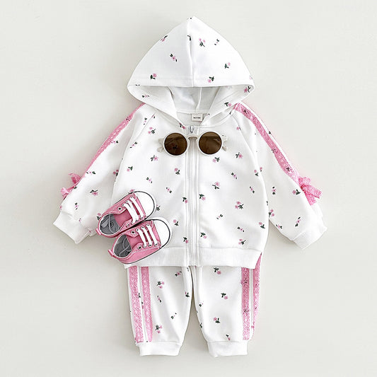 Casual 2-delig Set Sweatvest met Capuchon en Bloemenprint & Broek met Bloemenprint voor Meisjes