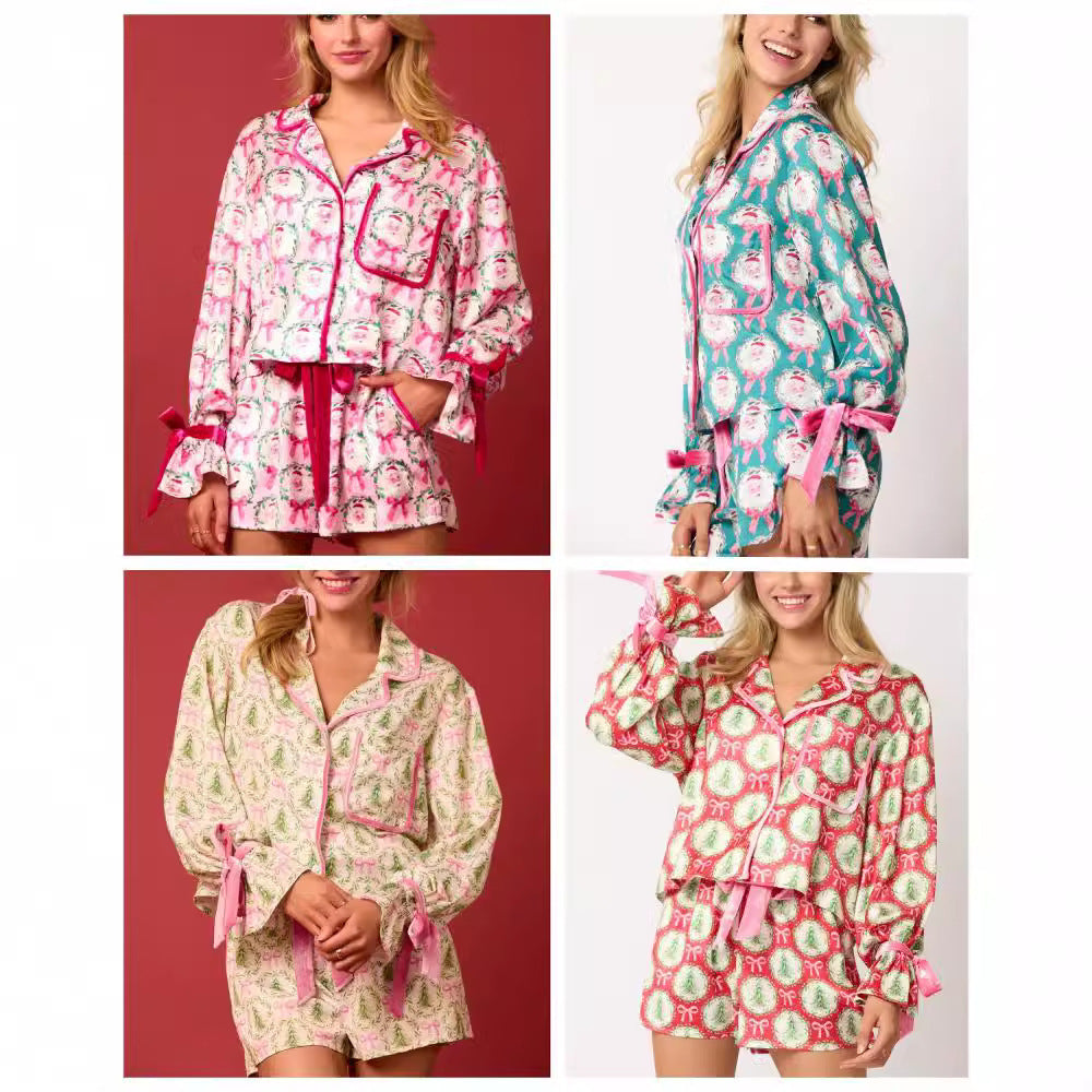 Kerstmis Stijlvolle Schattige All-Over Bedrukte Kerstmanprint Huis/ Pyjama-outfit met Reverskraag voor Dames & Plus-size