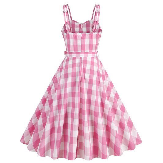 Hepburn Stylle Vintage Pink Barbie Swingjurk met Geometrisch Patroon in Britse Stijl voor Dames & Plus-size