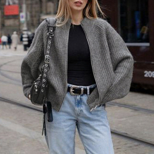 Amerikaanse Eenvoudige Stijl Casual Losse Cardigan-trui met Rits voor Dames & Meiden