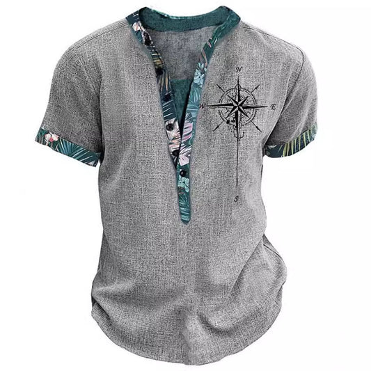 Amerikaanse Casual Effen Kleur 3D-bedrukte Vintage-print V-hals T-shirt met Korte Mouwen en Knoopsluiting voor Heren