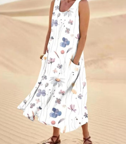 Casual Elegante Mouwloze Bloemenprint A-lijn Maxi-jurk met Ronde Hals voor Dames & Plus-size