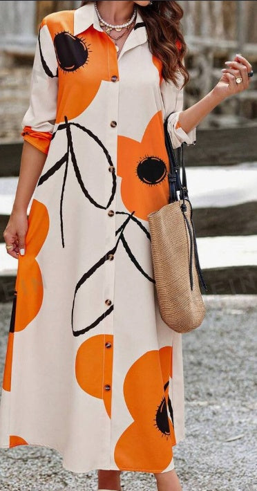 Casual Bloemenprint Maxi-jurk met Lange Mouwen en Knoopsluiting voor Dames & Plus-size