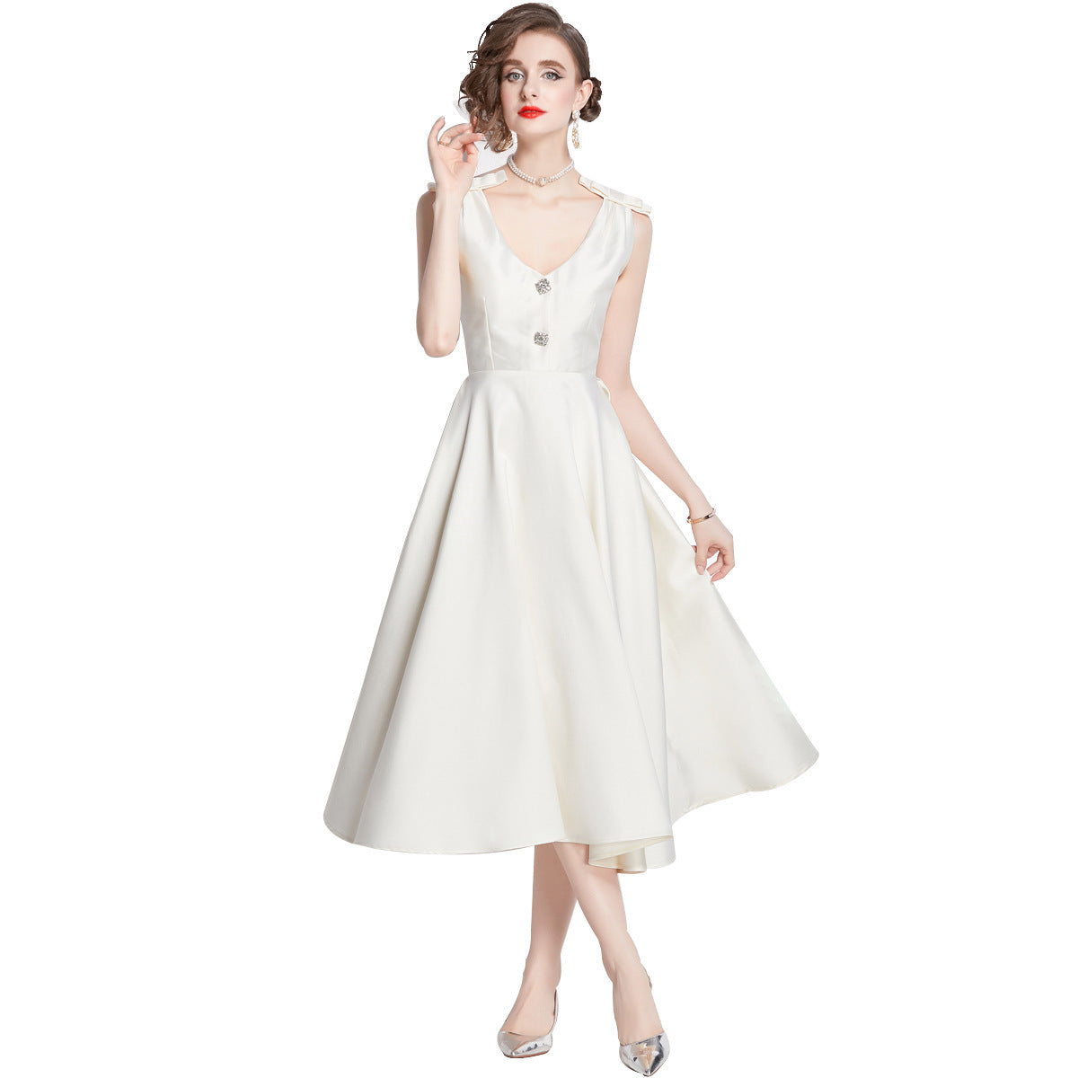 Hepburn Style Vintage Franse Mouwloze Crèmekleurige Satijnen Avond/ Feestjurk met V-hals voor Dames & Plus-size