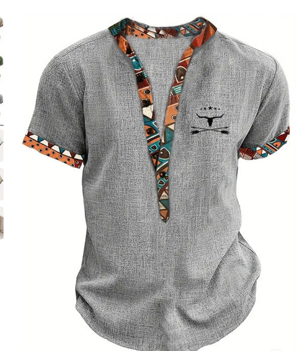 Amerikaanse Casual Effen Kleur 3D-bedrukte Vintage-print V-hals T-shirt met Korte Mouwen en Knoopsluiting voor Heren