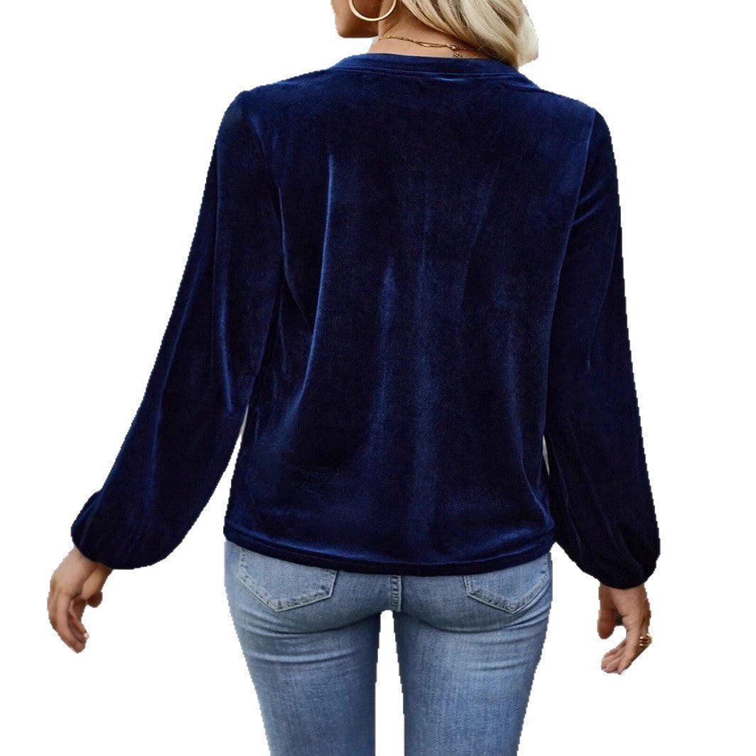 Casual Fluwelen Temperament Commute Button V-hals Top met Lange Mouwen voor Dames & Plus-size
