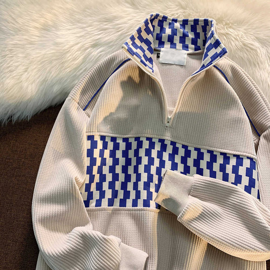 Amerikaanse Stijl Stitch Wafelgebreide Trui met Staande Kraag voor Heren