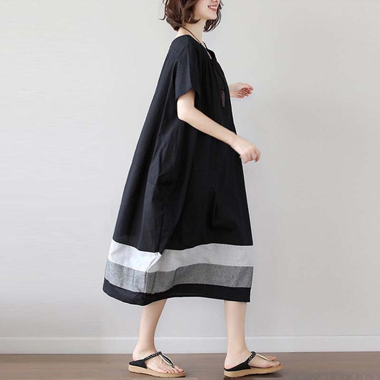 Trendy Oversized Linnen Midi-jurk met Korte Mouwen en Gestreepte Onderkant voor Dames