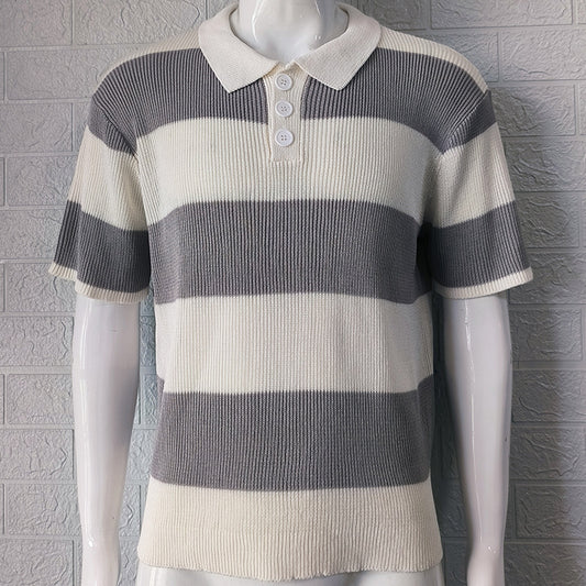 Europese Casual Gestreepte Revers Poloshirt met Korte Mouwen en Knoopsluiting voor Heren