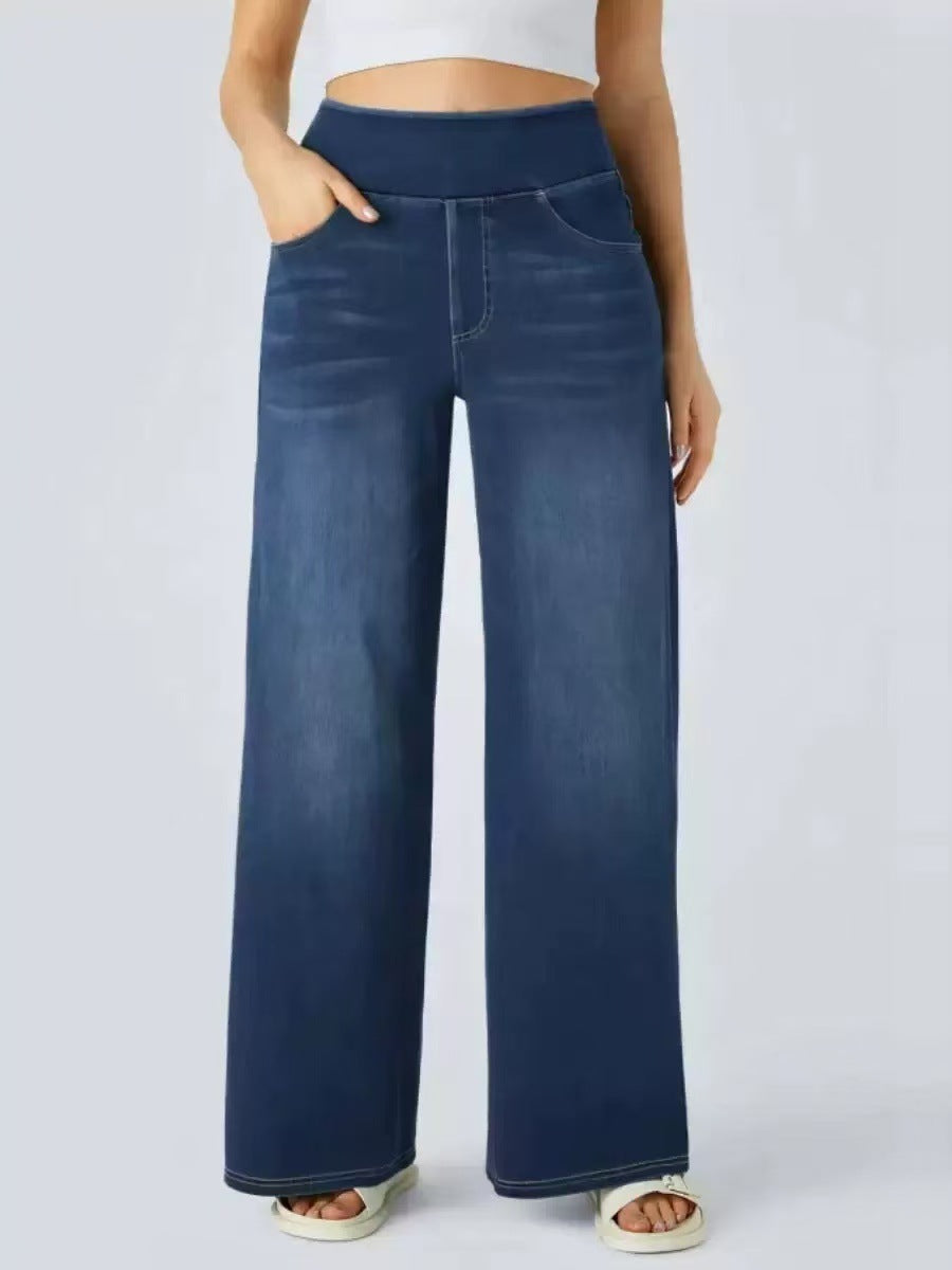 Casual Forenzen Slim-Fit Elastische Baggy High Waiste & Wide Leg Jeans met Zakken voor Dames & Plus-size