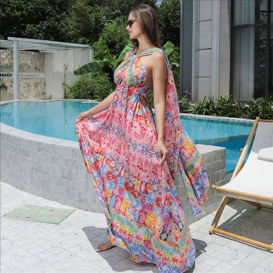 Elegante Mouwloze Bloemenprint Boho Maxi-jurk met Kruisbandjes voor Dames & Plus-size