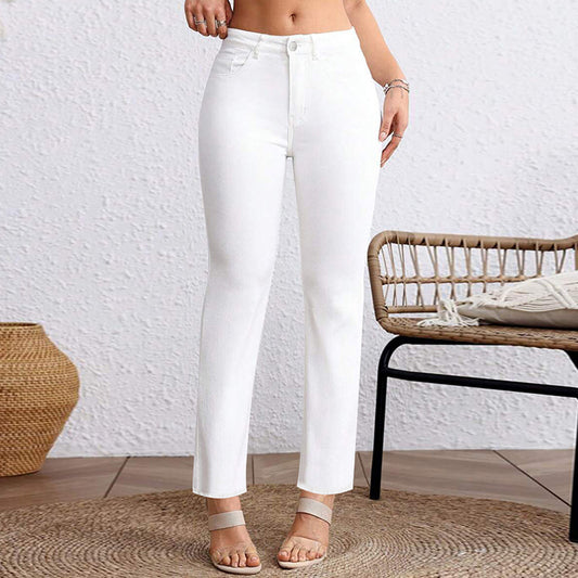 Europese en Amerikaanse Stijl Trendy Witte Cropped Straight Jeans voor Dames/ Plus-size & Meisjes