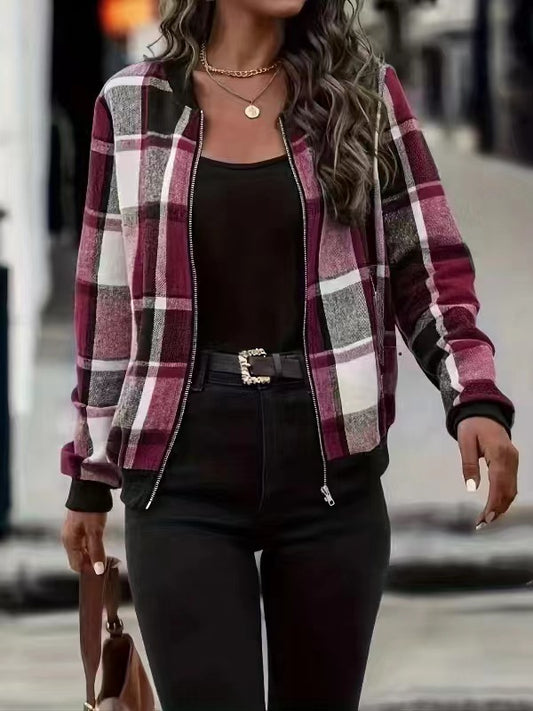 Europese en Amerikaanse Geruite Winter Jacket met Rits in Britse Stijl voor Dames