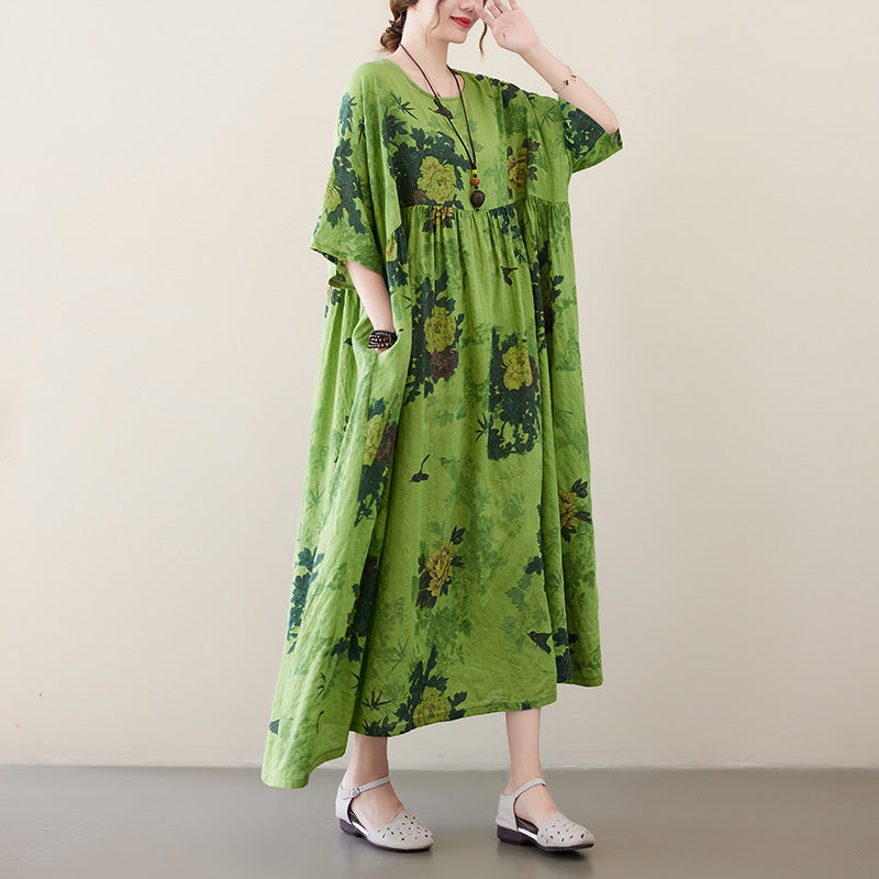 Renaissance Vintage Boheemse Bloemenprint Maxi-jurk met Ronde Hals en Korte Mouwen voor Dames
