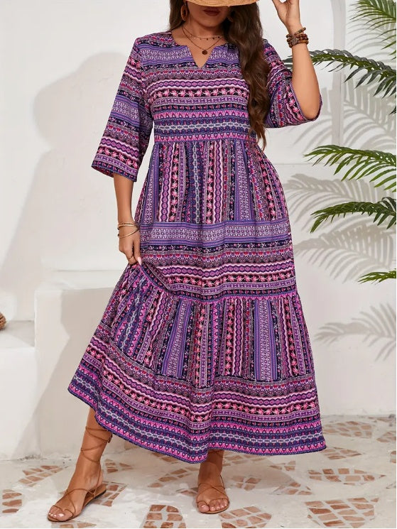 Casual/ Event Geomestrisch All-Over Print Maxi-jurk met V-hals en Korte Mouwen voor Dames & Plus-size