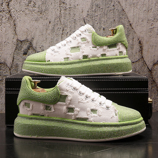 Europese Modieuze Casual Effen Kleur Accenten Canvas Sneakers met Strass-steentjes en Dikke Platformzool voor Heren