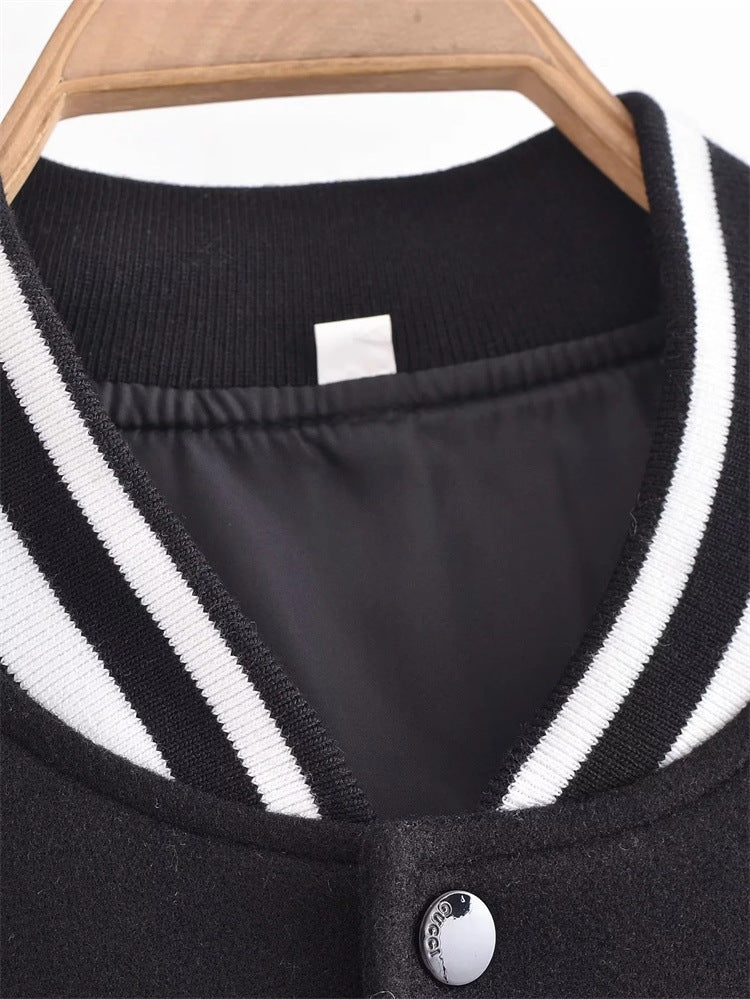 Amerikaanse Honkbaluniform Retro Varsity jacket van PU-Leer met Gestikte Wol en Knoopsluiting voor Dames & Meiden