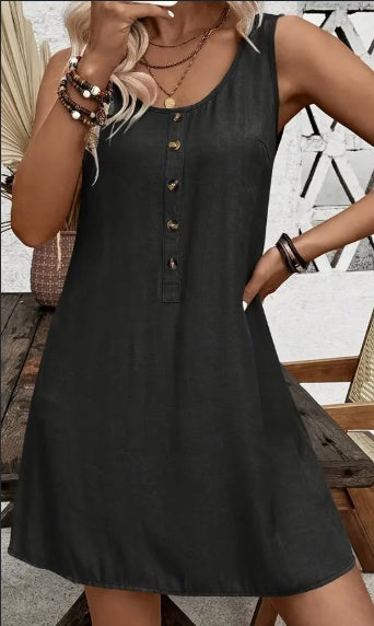 Elegante Mouwloze Effen Kleur Jurk met Ronde Hals en Knoopsluiting voor Dames & Plus-size