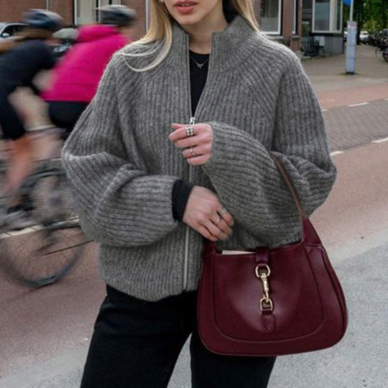 Amerikaanse Eenvoudige Stijl Casual Losse Cardigan-trui met Rits voor Dames & Meiden