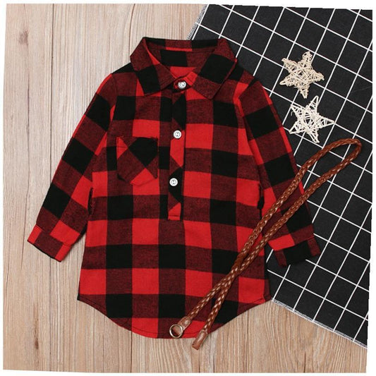 Amerikaanse Modieuze Lange Geruite Rode Jurk met Riem en Knoopsluiting voor Meisjes