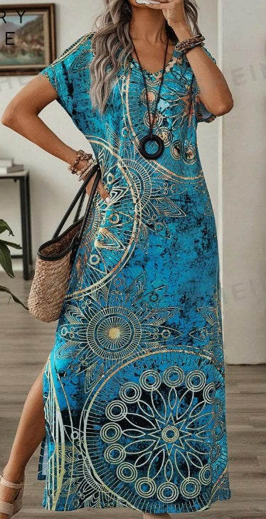 Casual Vintage Maxi Bloemenprint Jurk met V-hals en Vleermuismouwen voor Dames & Plus-size