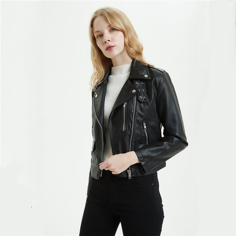Europese en Amerikaanse Vintage Korte Motorjacket van PU-Leer met Ritssluiting voor Dames