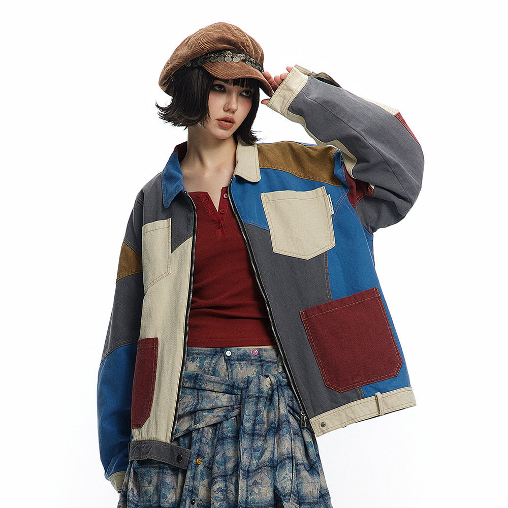 Retro Casual Losse Multi-pocket Spijkerjacket met Pathwork voor Dames/ Plus-size & Heren