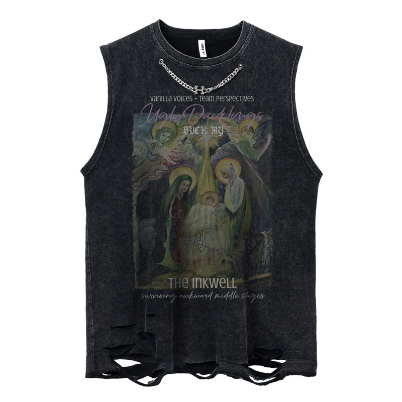 Stijlvolle Klassieke Effen Kleur Mouwloze Casual Vintage Washed Tanktop met Ronde Hals en Cartoon Print voor Heren & Jongens