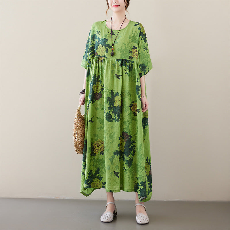 Renaissance Vintage Boheemse Bloemenprint Maxi-jurk met Ronde Hals en Korte Mouwen voor Dames