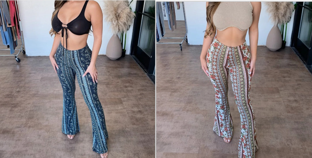 Stijlvolle Elegante Hoge Taille Strakke Stretch Boho Flare Broek met Bedrukte Paisley en Streepmotief voor Dames & Plus-size