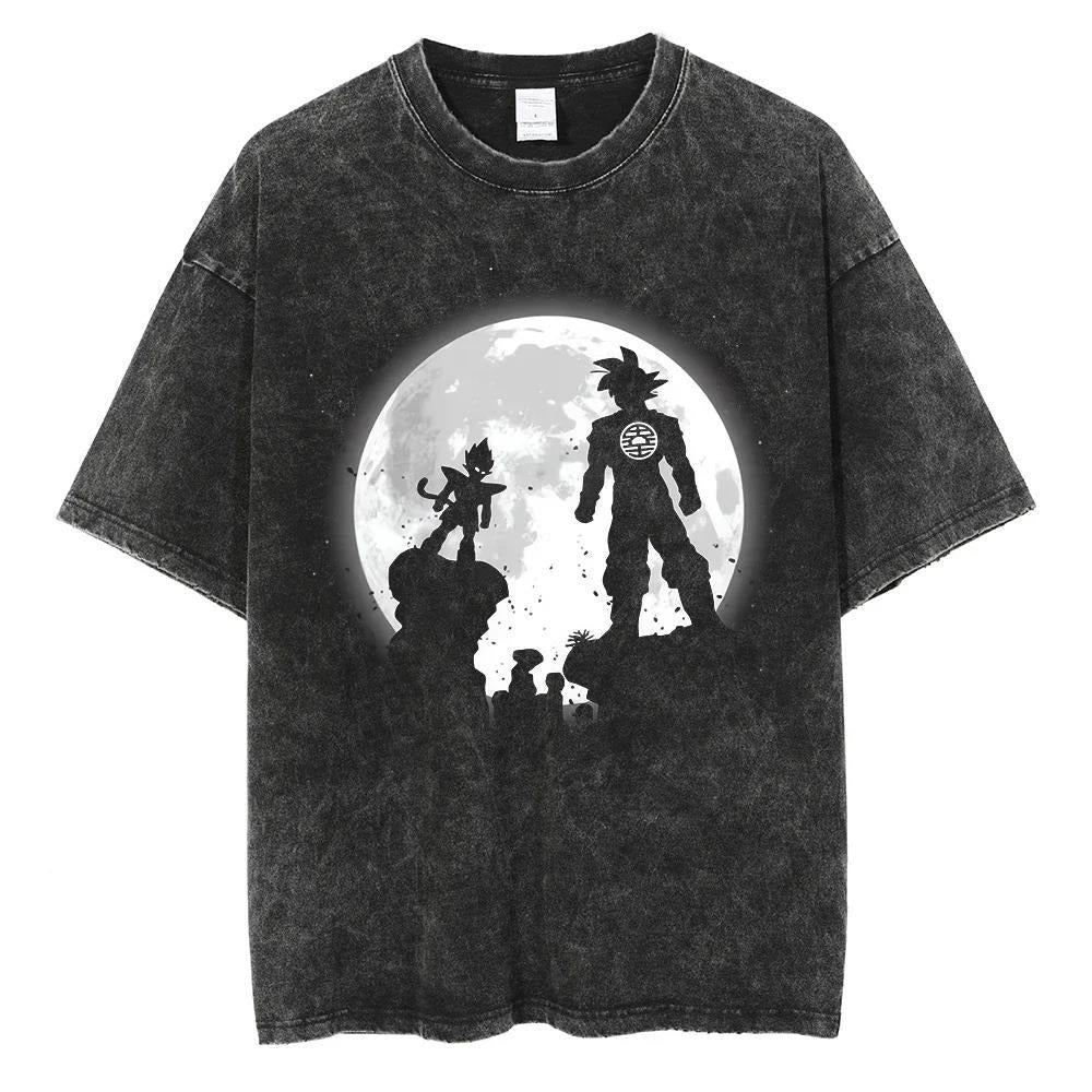 Hiphopstijl Klassieke Effen Kleur Oversized Casual Vintage Washed Cartoonprint T-shirt met Ronde Hals en Korte Mouwen voor Heren, Zwart Vintage