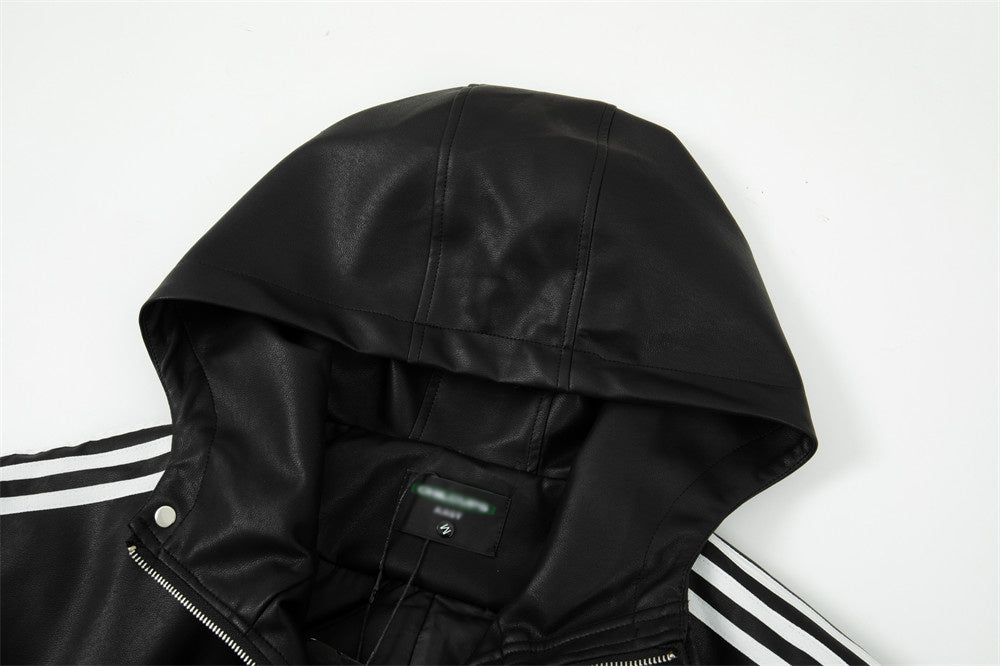 Casual Gestreepte Jas van PU-Leer met Capuchon en Rits voor Heren