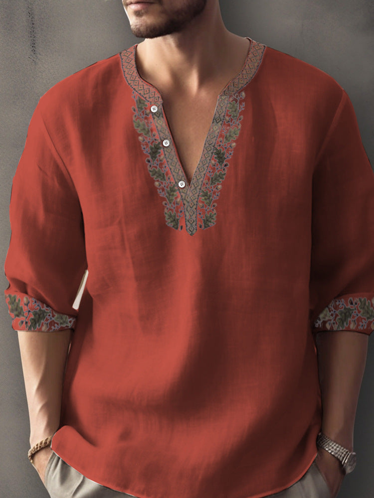 Europese Casual Oversized Kleurmatching Bamboe Linnen T-shirt met 3D Bedrukte Henleykraag en Lange Mouwen voor Heren