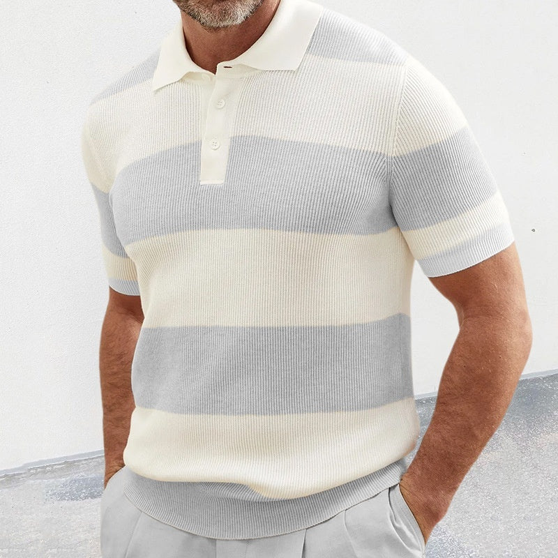 Europese Casual Gestreepte Revers Poloshirt met Korte Mouwen en Knoopsluiting voor Heren