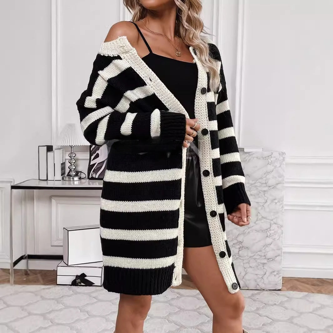 Casual Losse Gestreepte Trui-cardigan met Knopen in Europese en Amerikaanse Stijl  voor Dames & Meiden