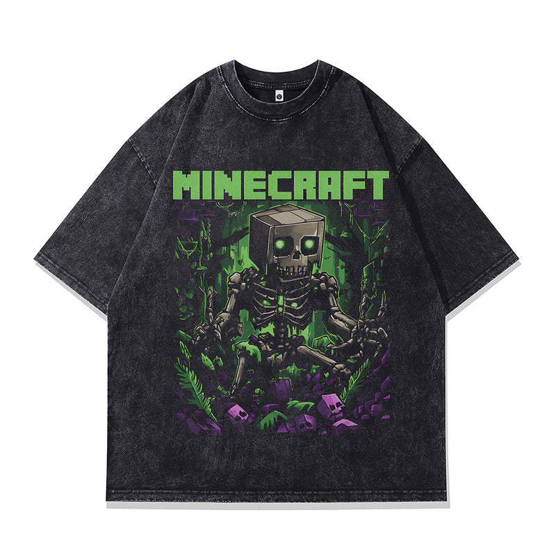 Trendy Effen Kleur Oversized Washed Casual Vintage Ronde Hals T-shirt met Cartoonprint en Korte Mouwen voor Heren