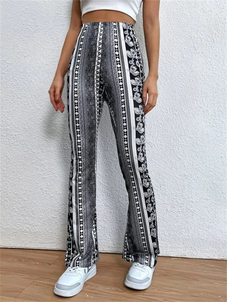 Stijlvolle Elegante Hoge Taille Strakke Stretch Boho Flare Broek met Bedrukte Paisley en Streepmotief voor Dames & Plus-size
