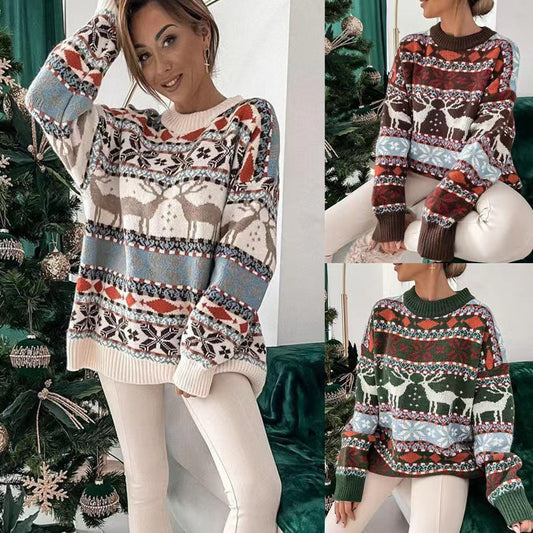 Kerstmis Modieuze Casual Oversized Gebreide Jacquard Kerst-Trui met Kerstmispatroon en Ronde Halsvoor Dames