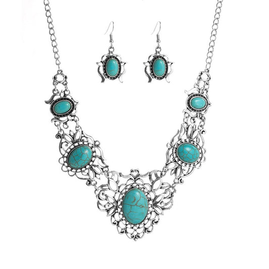 Elegante Sieradenset Klassieke Retro 18K Verguld Zilveren Statement Halsketting & Oorbellen van Legering met Ovale Turquoise Stenen voor Dames