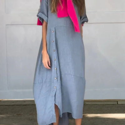 Casual Oversized Katoenen Linnen Korte Mouw Maxi-jurk in Effen met Knoopsluiting en Ronde Hals voor Dames & Plus-size