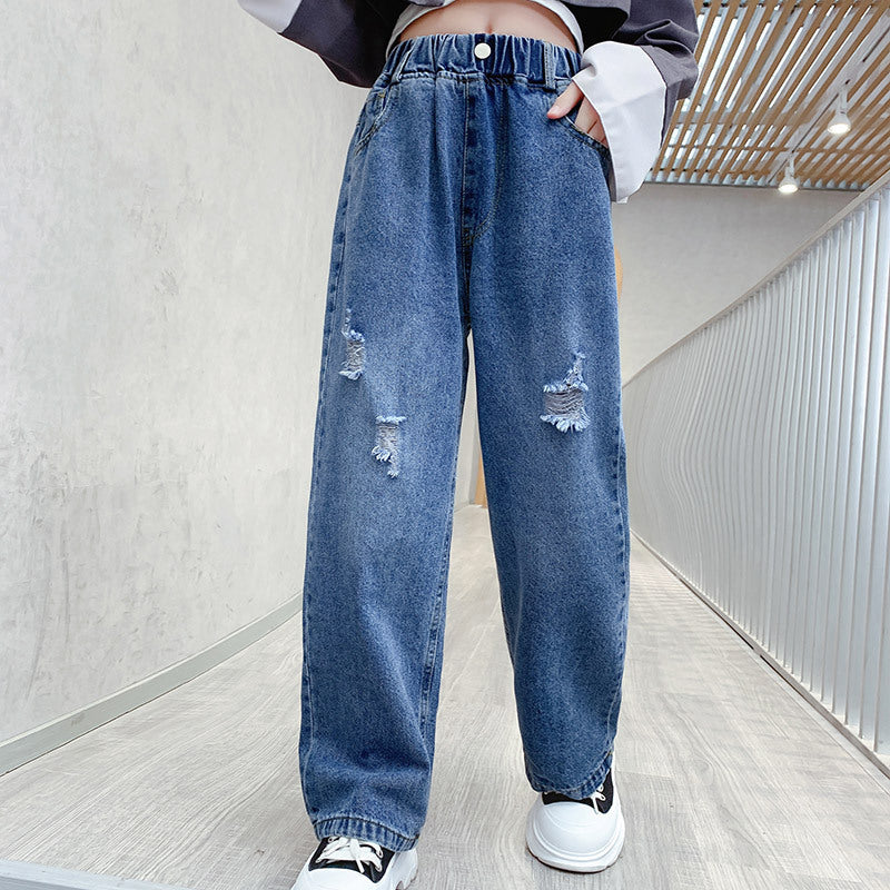 Donkerblauw Losse Wide-Leg Jeans voor Kinderen/ Tieners
