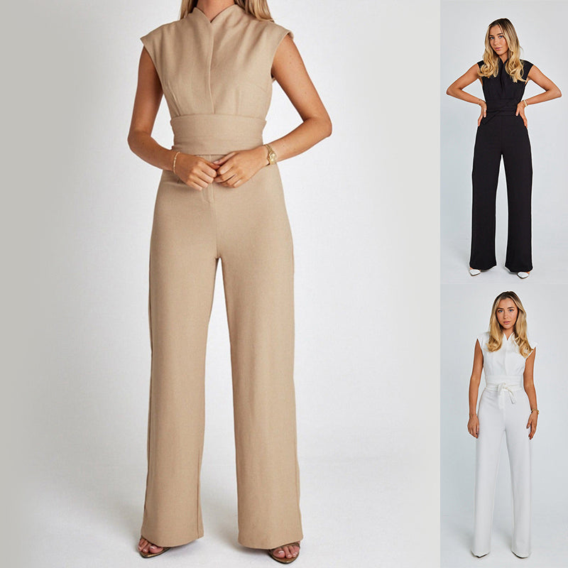 Mode Elegante Casual Effen Kleur Lange Mouwloze Hoge V-hals Jumpsuit met Wijde Pijpen en Riem voor Dames/Plus-size & Meiden
