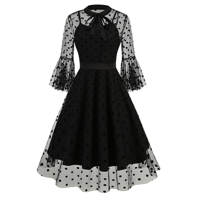 Hepburn Style Vintage Feestelijke Big Swingjurk van Mesh met Polka Dots voor Dames & Plus-size