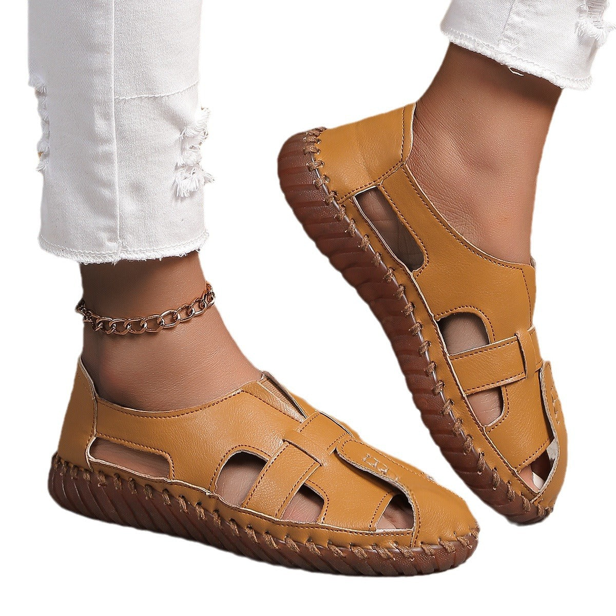 Trendy Comfortabele Effen Kleur Casual Ademend Cut Out Instap Sandalen van PU-Leer met Ronde Neus en Platte Rubber Zool voor Dames & Meiden