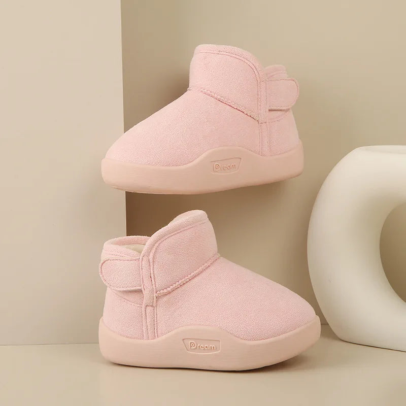 Trendy Effen Kleur Warme Winterse Enkellaarsjes van Pluche en PU-Leer met Ronde Neus en Klittenbandsluiting voor Kinderen