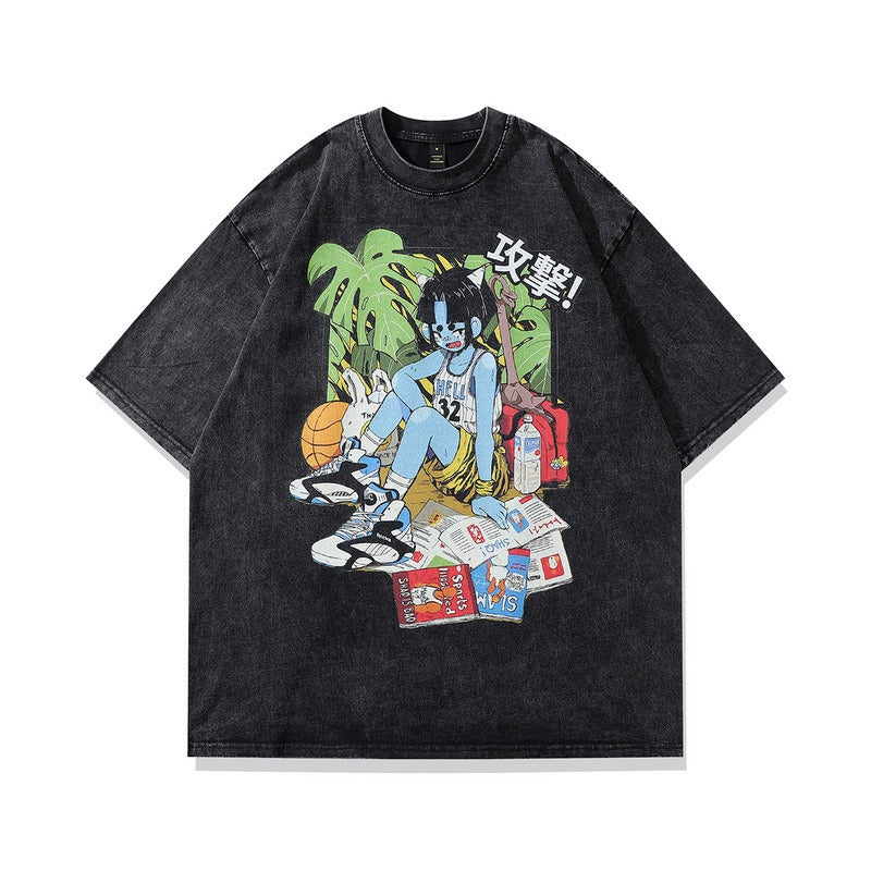 Trendy Effen Kleur Casual Vintage Ronde Hals Cartoonprint T-shirt met Korte Mouwen voor Unisex